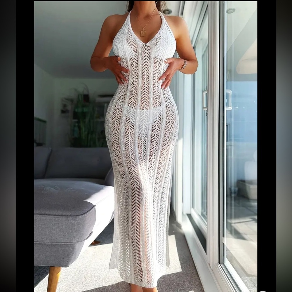 White Knitted Beach Swim Cover-Up Dress